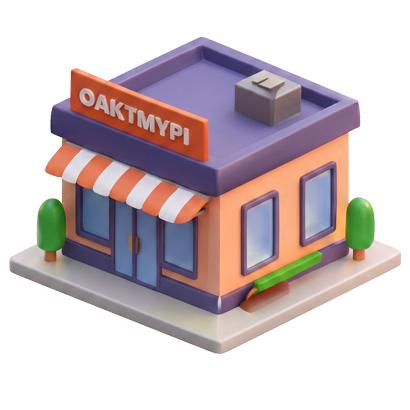 Illustration: small 3D shop with orange roof and blue storefront.
